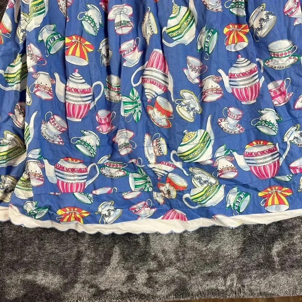 Vtg Cary San Francisco Sleeveless Tea Cup Print Dress Girls 7 Blue Buttons